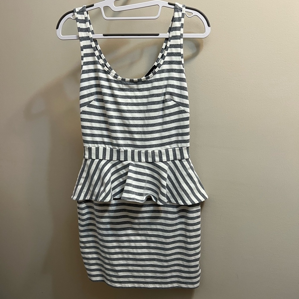 bebe Gray and White Striped Tank Mini Peplum  Dress Size M